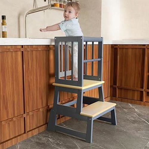 Kids Kitchen Step Stool, Toddler Montessori Learning Standing Tower, Ideal Toddler Kitchen Stool Helper for Bathroom Sink or Counter - 2025 Design with 3 Exclusive Upgrades - Gray