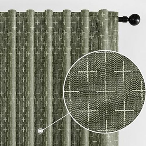 MIULEE Decorative Back Tab Linen Curtains with Geometric Pattern for Living Room Bedroom Farmhouse Rustic Thick Woven Textured Patterned Floor to Ceiling Drapes 102 Inch Long 2 Panels, Olive Green