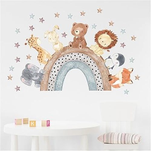 Boho Stars Rainbow Wall Decals Cartoon Forest Baby Animals Wall Sticker Lion Elephant Giraffe Peel and Stick Bedroom Baby Nursery Kids Room Daycare Living Room Home Wall Decor 34.6in*22.4in