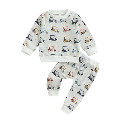 Dewadbow Toddler Baby Boy Golf Outfit Long Sleeve Golf Cart Sweatshirt Swaddle Print Long Pants Set 6 12 18 24M 2 3 4T