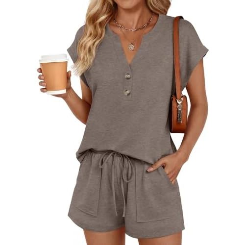 LILLUSORY Womens Henley 2 Piece Short Sets Summer 2026 Lounge Spring Beach Airport Travel Vacation Outfits Matching Sweatsuit