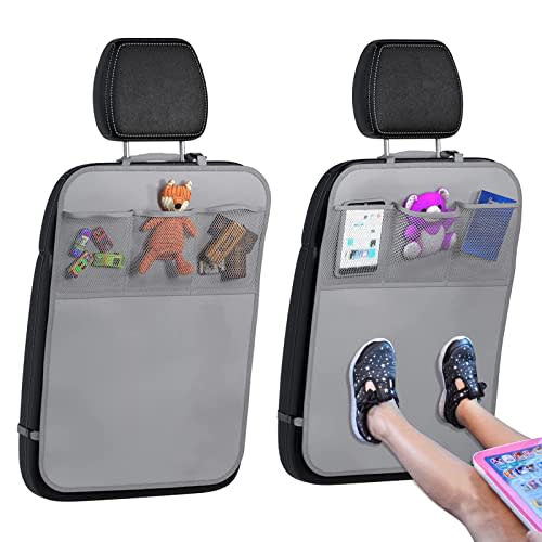 lebogner Back Seat Cover For Kids + 3 Pocket Storage Organizer, 2 Pack X-Large Multifunctional Kick Mats Backseat Protector, Car Seat Back Protectors For Vehicles To Protect From Dirt & Scuffs, Grey