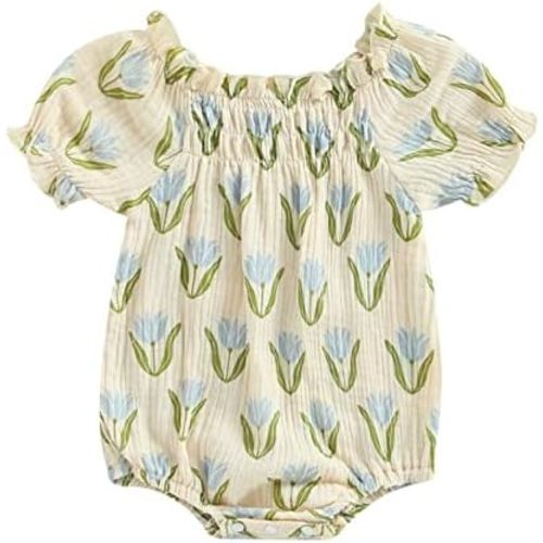 Infant Baby Girl Linen Romper Smocked Bubble Bodysuit Frill Trim Ruffle One-Piece Jumpsuit Casual Cute Summer Clothes