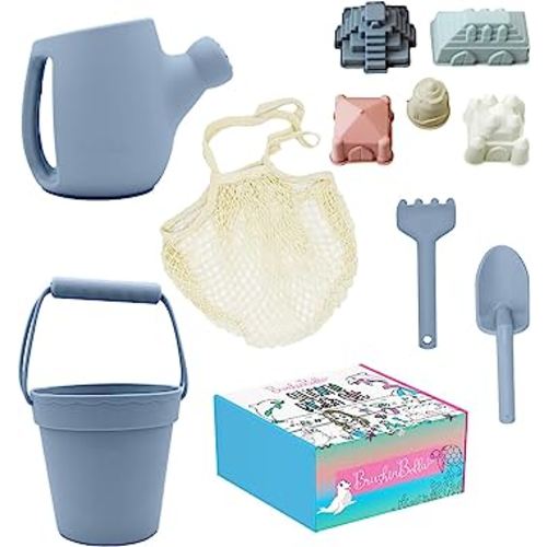 BrushinBella Silicone Beach Toys - Beach Bucket Set with Shovel, 4 Sand Molds - Travel-Friendly Kids Sand Toys in Net Carrying Bag - Safe Baby Sand Toys - Dishwasher-Safe (Ocean Blue)