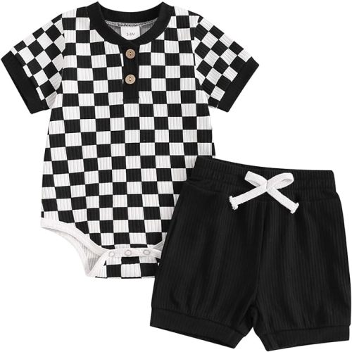 6-9 Months Checkered Ribbed Knit Short Sleeve Romper Shorts Set Infant Summer Outfits - 6-9 Months - Checkered- Black