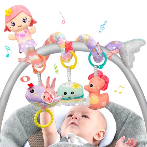 Car Seat Toys for Babies 0-6 Months Boy Girl Carseat Toys Hanging Spiral Stroller Toy, Infant Toy 0-6 Months Baby Newborn 0 3 Month Brain Development with Music Teether Rattle