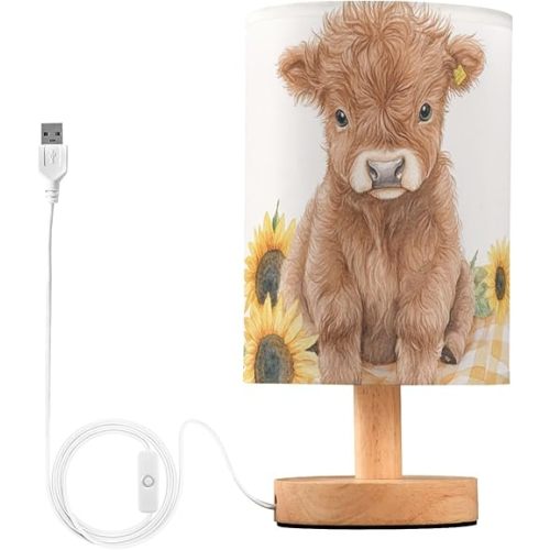 Cute Watercolor Highland Cow Sunflower Bedside Table Lamps with USB Port for Bedroom LampSmall Nightstand Lamp Sturdy Linen Shade Wooden Base Decorative Lamps for Nursery Kids Reading Dorm Home