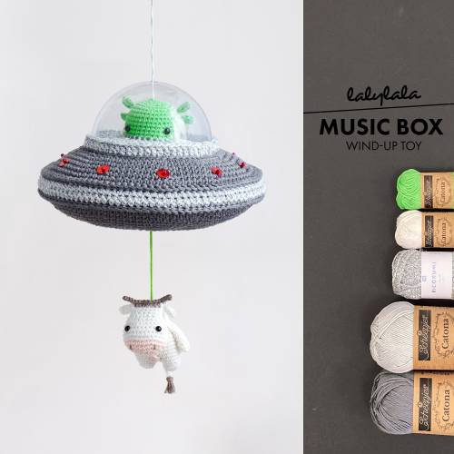Crochet kit lalylala UFO amigurumi diy • music box, flying saucer, alien & cow, SciFi, mystery, space oddity, universe, extraterrestrial