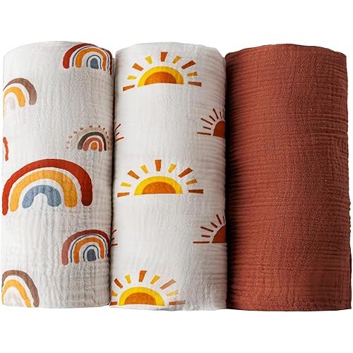 3 Pack Muslin Baby Swaddle Blankets Boho Gender Neutral Newborn Infant Receiving Blankets for Boys or Girls Soft Breathable Baby Wraps Swaddles Large 47 X 47 Inches (Boho)