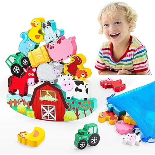 Montessori Toys for Kids 3-7 Wooden Farm Animal Blocks Stacking Games Educational Toy for 3 4 5 6 Year Old Girls Boys Birthday Gifts Toddler Balance Game for Boy Girl Age 2-4