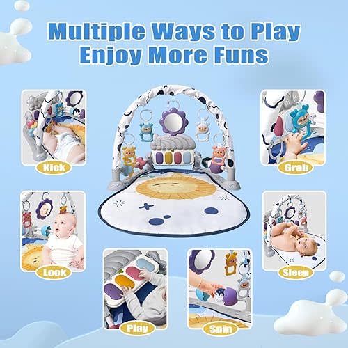 Baby Play Gym Mat, Baby Gym Activity Center, Kick and Play Piano with Music and Light, Tummy Time Toys for Newborn Babies Infants Boys Girls 0-3-6-9-12 Months (Grey)