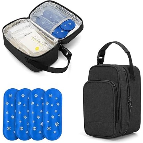 BAFASO Insulated Breastmilk Cooler Bag with 4 Gel Ice Packs, Breastmilk Cooler Fits 6 Bags of Breastmilk, Black