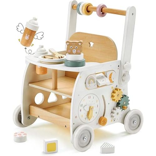 labebe Wooden Baby Walker, Baby Push Walker Doll Stroller, Push Activity Walker for Kids 18M+, Adjustable Speed Learning Walking with Wheels, Birthday Gift for Girls Boys Ages 1-3
