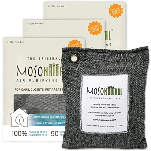 Moso Natural Air Purifying Bag 200g (3 Pack). A Scent Free Odor Eliminator for Cars, Closets, Bathrooms, Pet Areas. Premium Moso Bamboo Charcoal Odor Absorber. (Charcoal Grey)