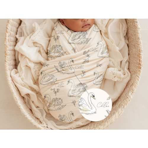 Personalized Swan Baby Swaddle Set Name Newborn Girl Hospital Outfit Custom Blanket Beanie Keepsake Shower Gift Heirloom Nursery Decor