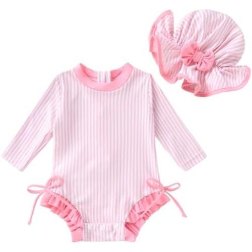 Infant Baby Girl Swimsuit Long Sleeve One-Piece Swimwear Zipper Ruffled Bathing Suit UPF 50+