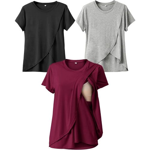 Rnxrbb Summer Nursing Tops for Breastfeeding T Shirts Short Sleeve Postpartum Clothes Sets 3 Pack Double Layer