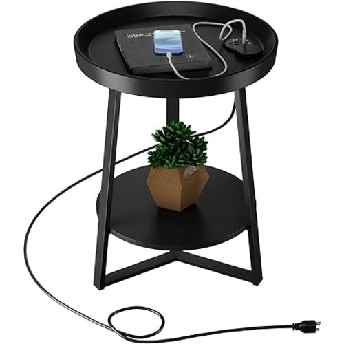 Gadroad Round End Table with Charging Station, USB Ports and Anti-Drop Fence, Wood Tabletop & Black Metal Frame, 2-Tier Side Table for Living Room, Bedroom, Black 15.7 * 15.7 * 23.6 inches