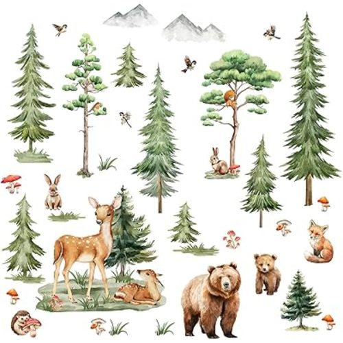 Large Forest Tree Wall Stickers - Removable Watercolor Pine Tree Wall Decals with Animals (Deer, Bear, Rabbit) - DIY Peel and Stick Nature Wall Art Decor for Kids Baby Bedroom, Nursery, Classroom (A)