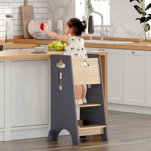 COSYLAND Toddler Standing Tower Adjustable Height - Super Stable Kids Kitchen Stool Helper - 3 Levels Adjustable Wooden Toddler Kitchen Stool (Natural & Light Gray)