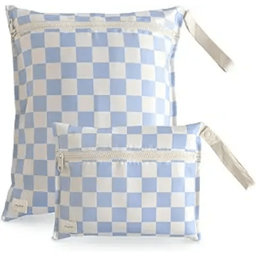 mushie Water Resistant Wet Bags | Large & Small Reusable Storage Bag for Baby Items and Travel | Zippered Pockets with Handle | Machine Washable, Set of 2 (Blue Check)