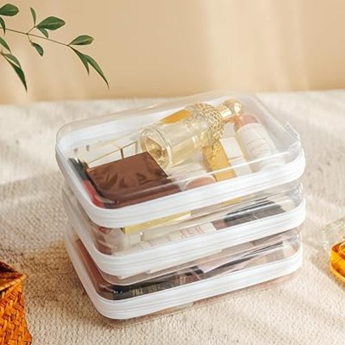 3PCS Clear Hard Shell Zipper Case,Portable Cosmetic Bag with Zipper,Kid's Toy Storage Organizer Bins,Hard Plastic Case,Clear Bags for Organizing.