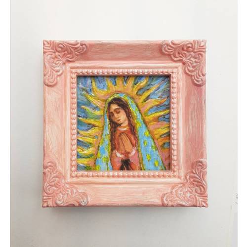 Our Lady of Guadalupe Art Print in One of a Kind Pink Hand-Painted Mini Frame