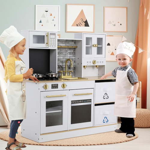 Arlopu Kids Play Kitchen Set, Wooden Kitchen Cooking Playset Toddler Pretend Play Toy with Stove, Sink, Oven, 2 Fabric Storage Boxes