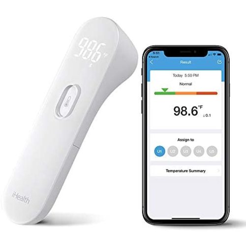 iHealth Wireless No-Touch Thermometer for Adults, Digital Infrared Fever Thermometer for Home, Thermometer for Babies & Kids with 3 Sensors, Bluetooth Forehead Thermometer with Gentle Vibration Sensor