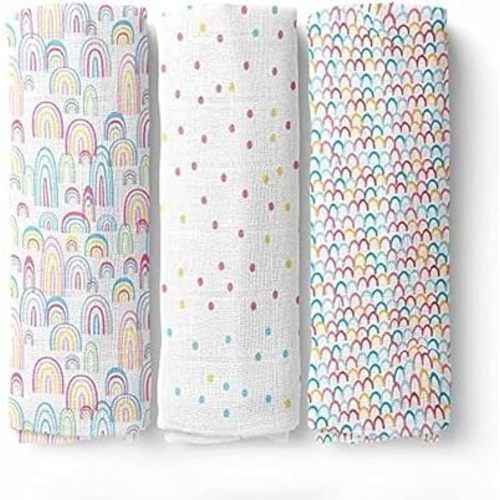 Cotton Muslin Swaddle Wraps for Newborn – Pack of 3 Soft & Breathable Baby Swaddles (Rainbow Swaddle)