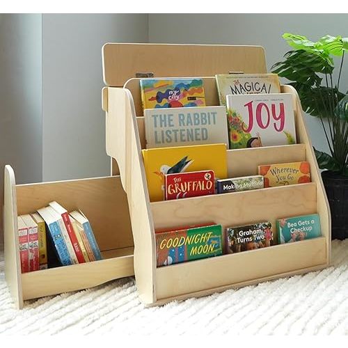 Montessori Bookshelf for Toddlers - Kids Front Facing Book Shelf with Hidden Drawer - Wooden Bookcase, Top Toy Storage Compartment (Left Sided Drawer)