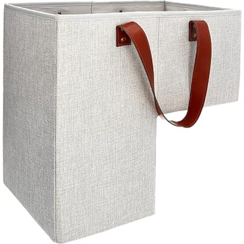 SAM AND MABEL Stair Baskets for Carpeted and Wooden Stairs – 16”L x 10”W x 16”H Foldable Staircase Basket with Handles, Stairstep Storage Organizer for Home and Office Decor (Naturel Beige)