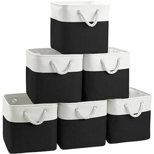 Large 11x11 Inch Cube Storage Bins with Cotton Handles for Closet, Shelves, Clothes, Toys, Towel (White/ Black-6 Pack)