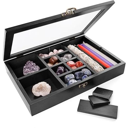Adjustable Rock Display Case, Crystal Collection Box with Shelves, Wood Witchy Stones Organizer Storage,Gem Holder with Lid for Seashell, Collectibles, Wiccan Gift for Women (Black)