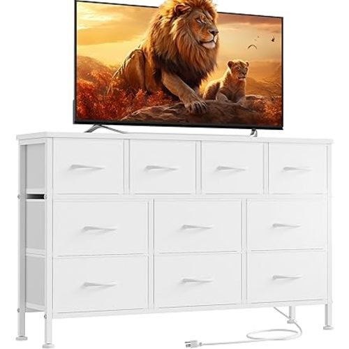 Lulive 10 Drawer White Dresser for Bedroom Dresser TV Stand with Power Outlet, Entertainment Center Chest of Drawers for 55'' Long TV, Long Fabric for Storage and Organization