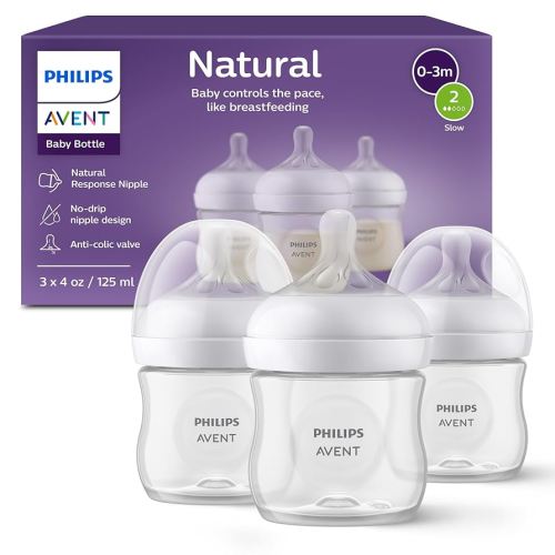 Philips Avent Natural Baby Bottle with Natural Response Nipple (Slow Flow, Flow 2), 4oz, 3-pack, SCY900/03