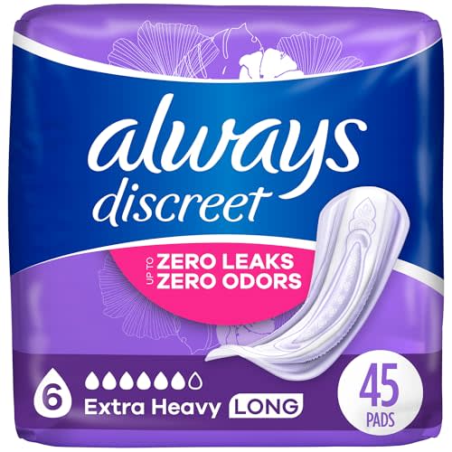 Always Discreet Adult Extra Heavy Long Incontinence Pads, Up to 100% Leak-Free Protection, White 45 Count (Packaging May Vary)