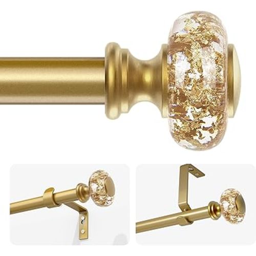 Gold Curtain Rods for Windows 32-72 Inch: 1 Inch Adjustable Acrylic Drapery Rod with Translucent Gold Foil Finials- Single Decorative Curtain Rod for Bedroom & Bathroom
