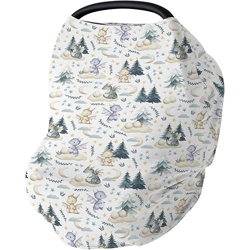Fairytale Dragons Car Seat Cover for Babies Cute Dragon Moon Stars Clouds Trees Eggs Stretchy 5-in-1 Cover Adjustable Car Canopy Breastfeeding Cover Fantasy Animal Breathable Nursing Cover-Up