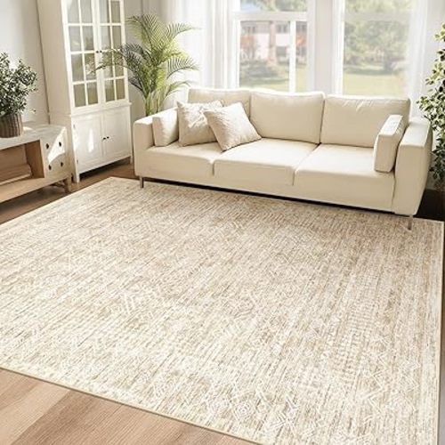 6x9 Area Rugs Washable Moroccan Geometric Boho Rug Farmhouse Non Slip Stain Resistant Large Rug Low Pile Soft Carpet for Bedroom Dining Room Home Office Children Room (Beige,6'x9')