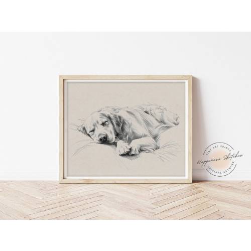Sleeping Golden Retriever Drawing Wall Art Print, Dog Sketch Artwork, Beige Minimalist Nursery Room Decor Sign