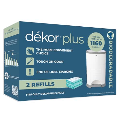 Diaper Dekor Plus Diaper Pail Biodegradable Refills | 2 Count | Most Economical Refill System | Quick & Easy to Replace | No Preset Bag Size – Use Only What You Need | Exclusive End-of-Liner Marking