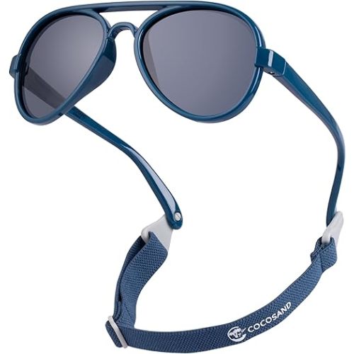 COCOSAND Baby Boys Girls Aviator Sunglasses with Strap Polarized Flexible Retro Pilot for Infants Toddler Age 0-24 Months
