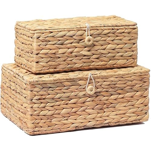 Set of 2 Rectangular Wicker Storage Bins with Lid, Rattan Basket Decorative Boxes, Multipurpose Organizer Display Boxes for Shelf Organizer, Boho Rattan Box for Home Decoration