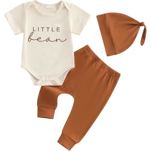 Newborn Boy Clothes Little Bean Baby Outfit Letter Print Short Sleeve Romper Pants with Hat Set