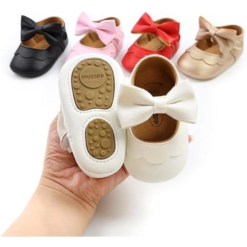 Baby Girl Mary Jane Flats Dress Shoes - Infant Newborn Shoes Anti-Slip Soft PU Leather Party School Wedding Princess Baby Girl Shoes 0-18M - 0-6 Months Infant - #1 White