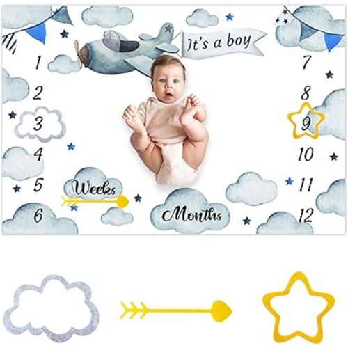 CSFOTO Vintage Airplane Theme Baby Monthly Milestone Blanket for Boy Sky Clouds Stars Print Newborn Growth Record Photo Shoot Background Prop Blanket, 60"x40" with Frame
