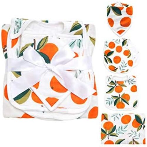 4pc Clementine Muslin Swaddle Blanket, Bibs, and Burp Cloth Set for Baby Boys and Baby Girls - Soft, Breathable, and Multi-Purpose Receiving Blanket. Baby Essentials.