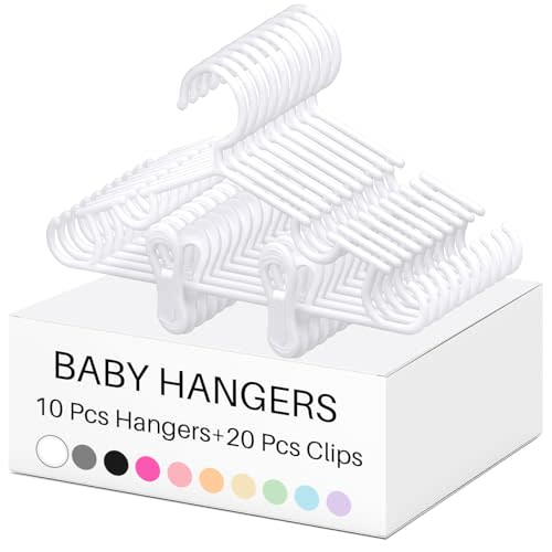 Hsei 5/10/40 Pack Baby Hangers with 10/20/80 Clips, Plastic Kids Pants Hangers for Nursery Closet Top and Bottom Clothes Hanger Set for Newborn Infant Toddler(30 Packs Total,White,10.6 Inch)