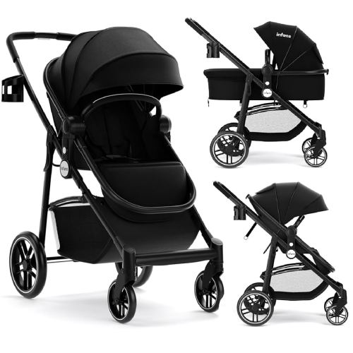 INFANS 2 in 1 Baby Stroller, High Landscape Infant Stroller & Reversible Bassinet Pram, Foldable Pushchair with Adjustable Canopy, Storage Basket, Cup Holder, Suspension Wheels (Black)